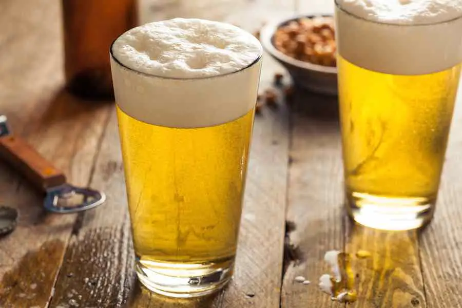 Two glasses of light-colored beer.  Mosaic hops is used to brew IPAs, Stouts, and Saison beer.