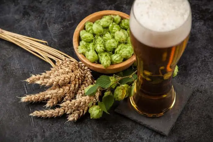 A glass of beer, a bowl of hops, and stalks of grain.