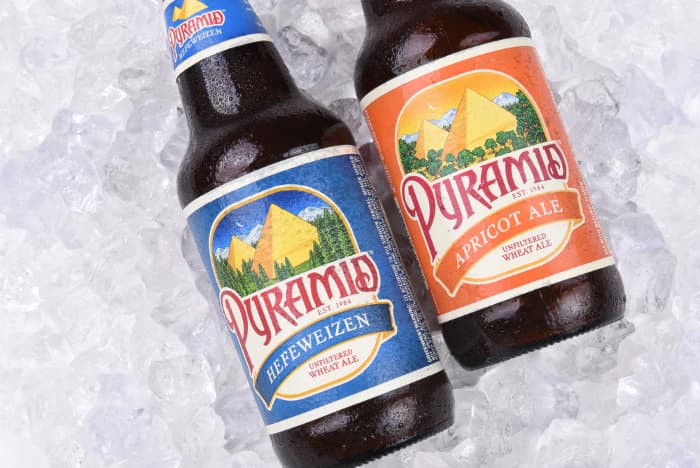 Bottles of Pyramid Brewing beer, one of them an Apricot ale fruit beer.