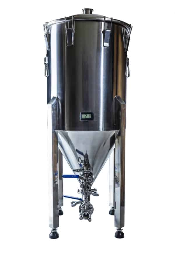 A stainless steel conical fermenter.