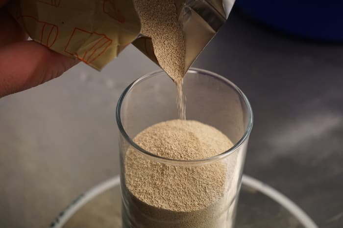 Person pouring yeast into a glass container.