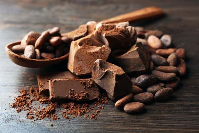Roasted cacao beans, cocoa powder, and chunks of chocolate.