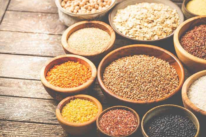 Bowls of various gluten-free grains.