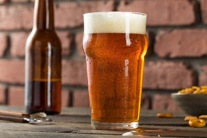 A glass of coppery colored lager resembling a Vienna lager beer.