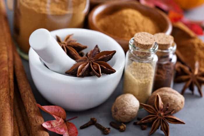 Closeup of traditional pie spices, some powdered and some in whole form.