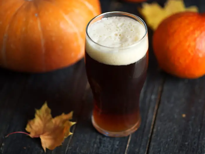 A glass of dark colored pumpkin beer.