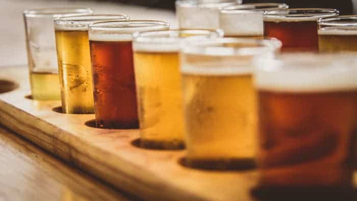 Closeup of beer flight glasses.
