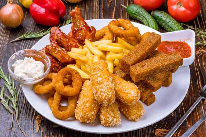Platter of beer snacks.