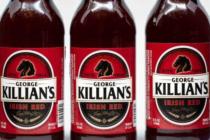 Closeup of bottles of George Killian's Irish Red beer.